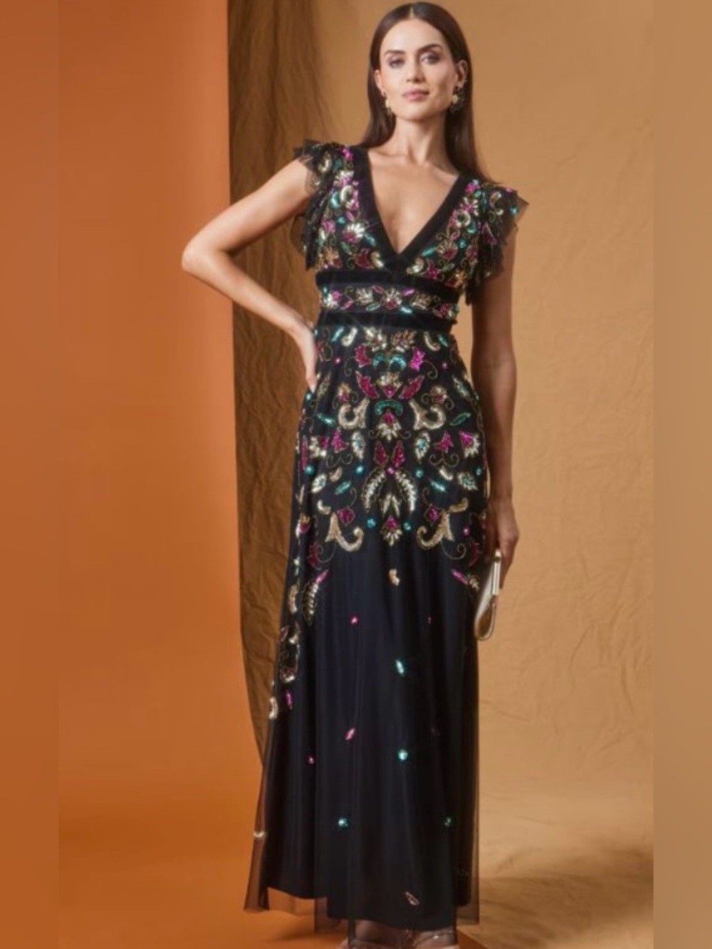Adrianna Pappell fully Embellished Black V-Neck Evening Dress